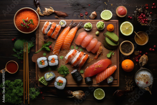 Delicious fresh sushi, overhead view. Generative ai
