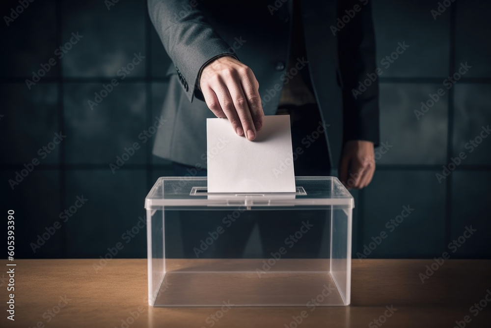 Male voter hand putting bulletin in ballot box. Elections and voting concept. Created with Generative AI - obrazy, fototapety, plakaty 