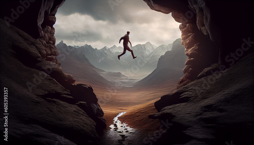 Man jump through gaps between hills Ai generated image
