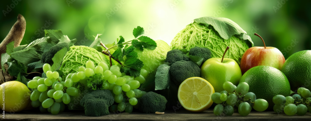 Fresh fruits and vegetables on a wooden table with beautiful sky.