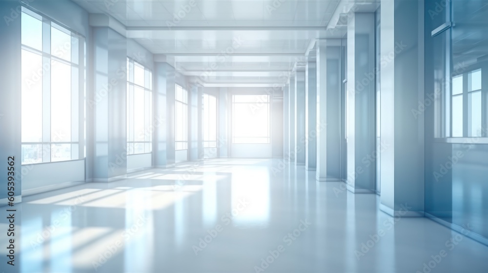 Light blurred background. The hall of an office or medical institution with panoramic windows and a perspective Light blurred background. The hall of an office or medical institution with panoramic windows and a perspective