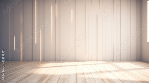 Empty light interior background. White textured empty wall and wooden light floor with beautiful lighting © Eli Berr