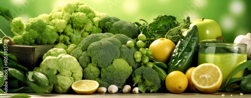 Fresh fruits and vegetables on a wooden table with beautiful sky.