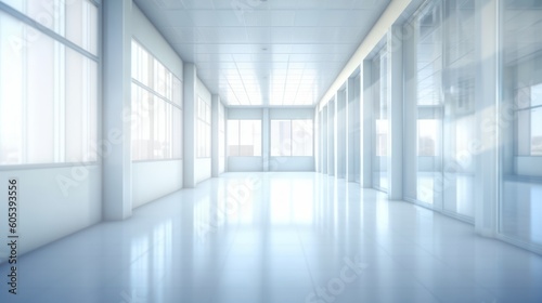 Light blurred background. The hall of an office or medical institution with panoramic windows and a perspective © Eli Berr