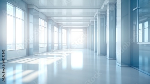 Light blurred background. The hall of an office or medical institution with panoramic windows and a perspective