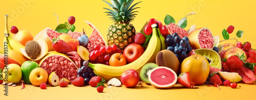 Fresh fruits and vegetables on a wooden table with beautiful sky.