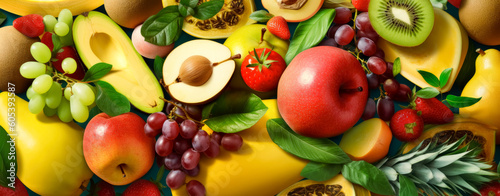 Fresh fruits and vegetables on a wooden table with beautiful sky.