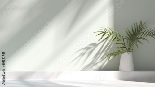 Minimalistic light background with blurred foliage shadow on a light wall. Beautiful background for presentation with with marble floor © Eli Berr