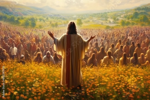 Jesus Christ reads a sermon in front of a crowd of believers
