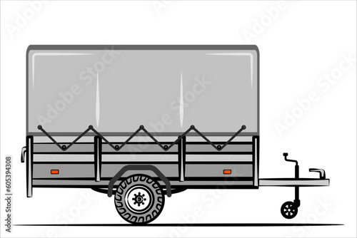 Open tall car trailer with awning. Side view. Flat style. Vector illustration isolated on white background.