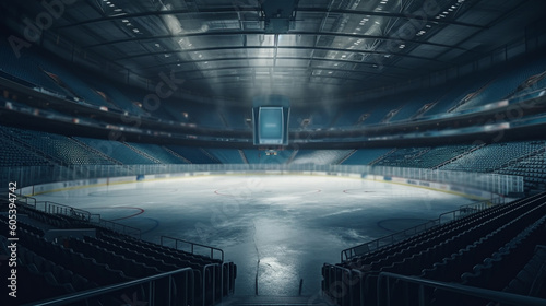 Hockey stadium and empty ice rink. Generative Ai