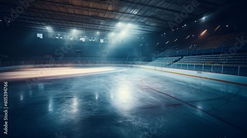 Hockey stadium and empty ice rink. Generative Ai © andranik123