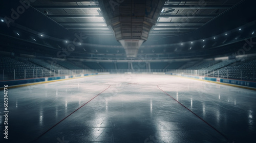 Hockey stadium and empty ice rink. Generative Ai