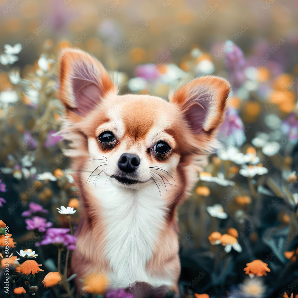 Image created by AI a Chihuahua among the fields of flowers.