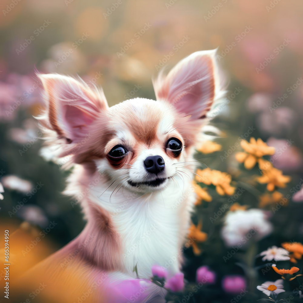 Image created by AI a Chihuahua among the fields of flowers.