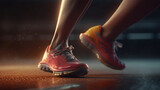 Girl runner makes a morning run in a city street. Sneaker shoes. Generative Ai