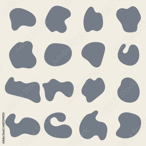 Random organic shapes, abstract drops, blotch, inkblot. Vector set of liquid, fluid smooth form. Pebble and stone silhouettes. Collection of specks or spot of various irregular shapes.