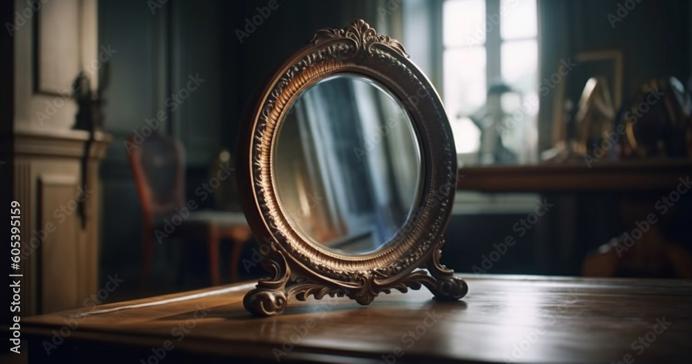 Vintage mirror on the table. Generative Ai - obrazy, fototapety, plakaty 