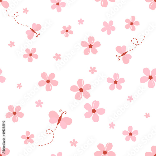 Seamless pattern with pink cherry blossom  Sakura flower and butterfly cartoons on white background vector illustration.