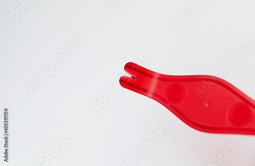 tick hook on a white background along with an extended tick. animal tick removal tool