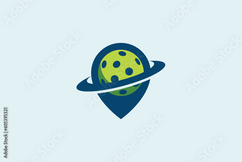 pickleball center logo with a combination of a ball, pin, and swoosh that shaped like a pickleball planet.