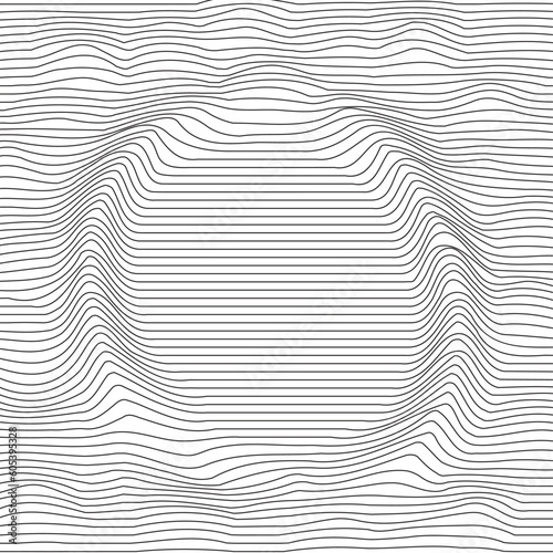 Distorted wave monochrome texture. Abstract dynamical rippled surface. Vector stripe deformation background. Mesh, grid pattern of lines. Black and white illustration.