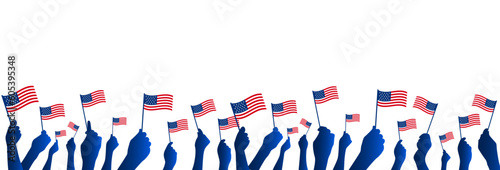 Vector illustration of patriotic human hands Holding Up American Flags. Poster, banner, greeting card template.
