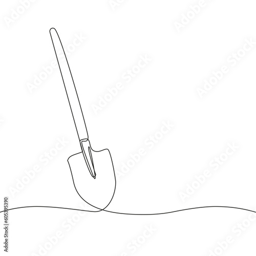 Garden shovel icon hand drawn with single continuous line. Isolated vector illustration. Editable stroke.