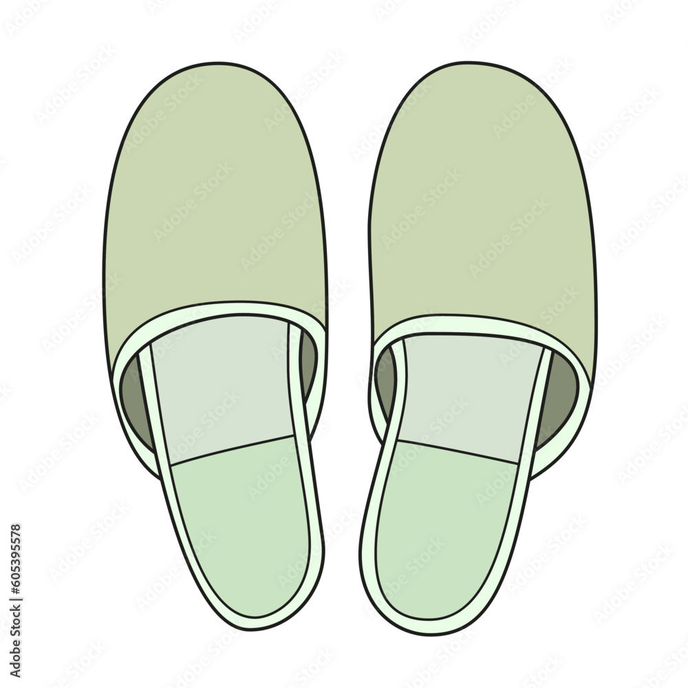 Vector icon of green house slippers. Pair of shoes on white background hand drawn in cartoon style. Vector icon of green house slippers. Pair of shoes on white background hand drawn in cartoon style.