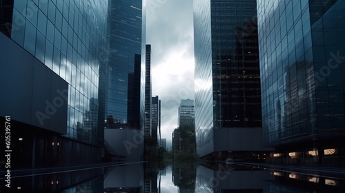 Reflective skyscrapers  business office buildings. Generative Ai