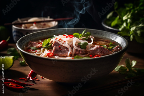 Delicious Steaming Bowl of Pho: Authentic Vietnamese Noodle Soup. AI generated