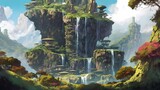 A set of towering peaks in a lush valley, with waterfalls cascading down verdant cliffs and birds nesting. Made using generative AI.