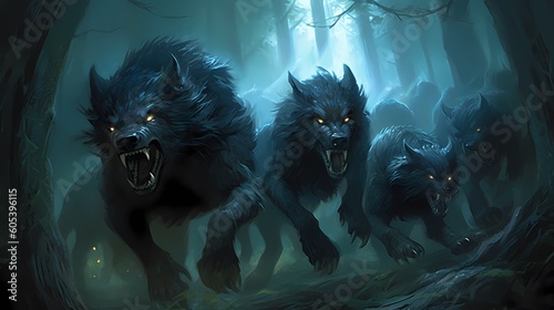 Fotografie, Obraz A group of ferocious werewolves prowling through a moonlit haunted forest, their eyes glowing with an eerie intensity