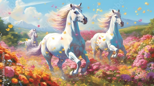 A group of graceful unicorns galloping across a vibrant meadow filled with blooming wildflowers and sparkling streams. Made using generative AI.