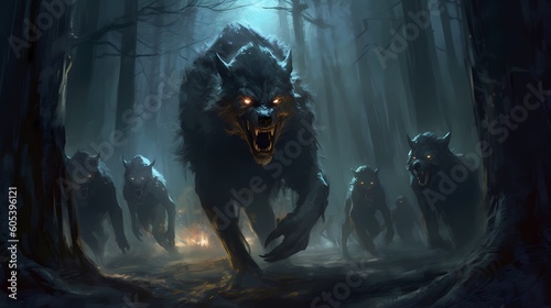 A group of ferocious werewolves prowling through a moonlit haunted forest, their eyes glowing with an eerie intensity. Made using generative AI.