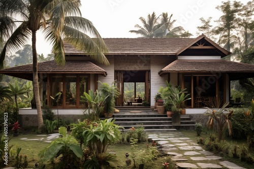 Beautiful asian luxury villa with wood details on the facade - Generative AI © losmostachos