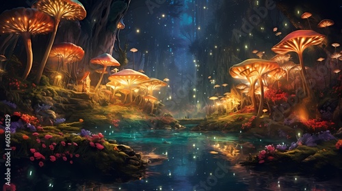 A whimsical scene with mischievous fairies dancing in a moonlit glade, surrounded by bioluminescent mushrooms and enchanting fireflies. Made using generative AI. photo