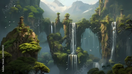 A set of towering peaks in a lush valley  with waterfalls cascading down verdant cliffs and birds nesting. Made using generative AI.