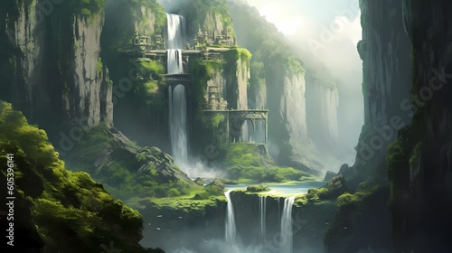 A set of towering peaks in a lush valley, with waterfalls cascading down verdant cliffs and birds nesting. Made using generative AI.