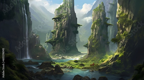 A set of towering peaks in a lush valley, with waterfalls cascading down verdant cliffs and birds nesting. Made using generative AI. © Infinity Art Lab