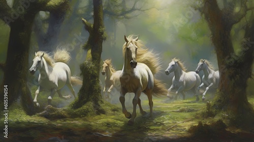 A group of enchanting centaurs and horses galloping through an ancient woodland, their hooves pounding against the moss-covered forest floor. Made using generative AI.