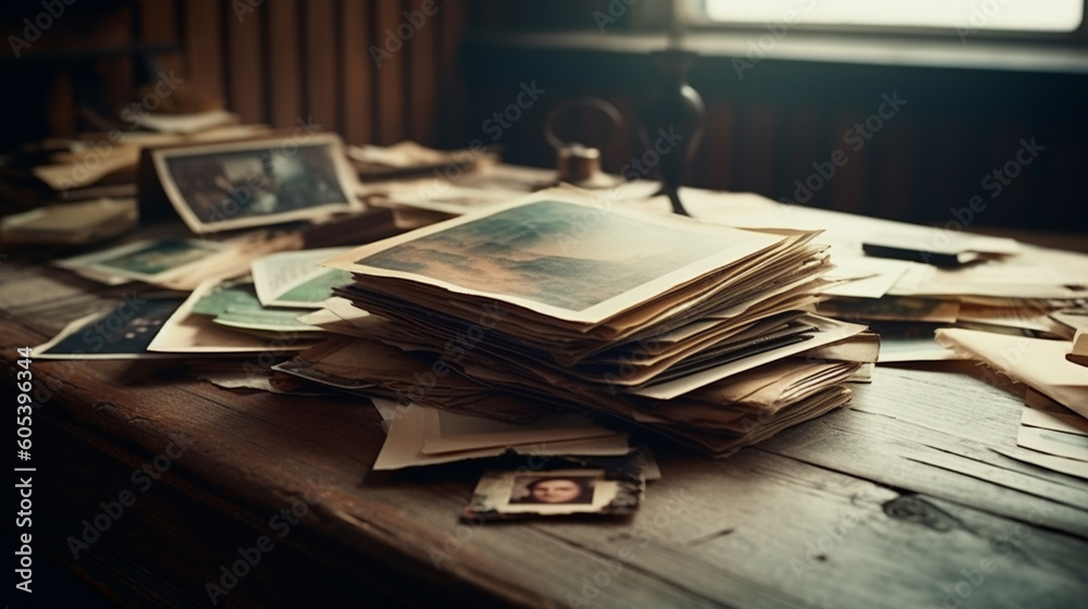 Old photos on the table. Generative Ai Old photos on the table. Generative Ai