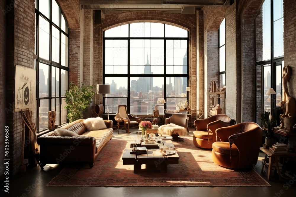 Classy spacious new york living room loft apartment very bright room with full height windows - Generative AI