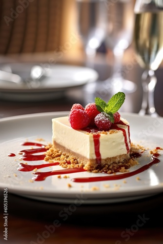 New York Cheesecake with fresh berries sliced on a plate, closeup view, selective focus - Generative AI