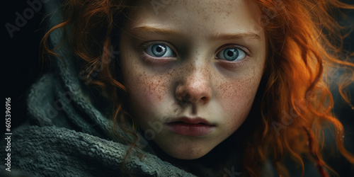 Young girl with red hair, frekles and intense blue eyes looking into the camera. Emotional and expressive realistic portrait with dramatic lighting - Generative AI