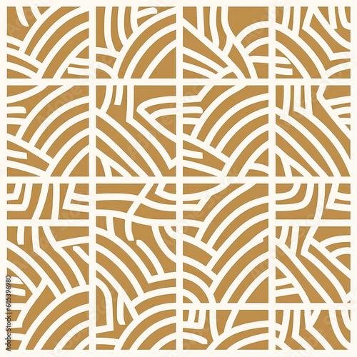 Geometrical lines in gold, in the style of bold outlines, flat colors, rustic texture, light gold and white, seamless pattern. Generative Ai Illustration.