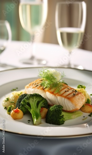 Fish fillet with vegetables on a white plate in a elegant terrace restaurant - Generative AI