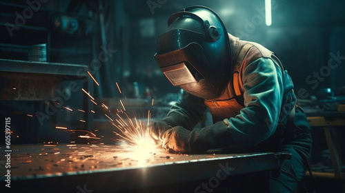 Worker in welding factory. Generative Ai