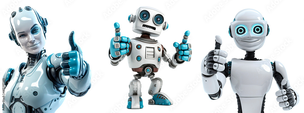 Set of friendly robot giving thumbs up on transparent background - obrazy, fototapety, plakaty 