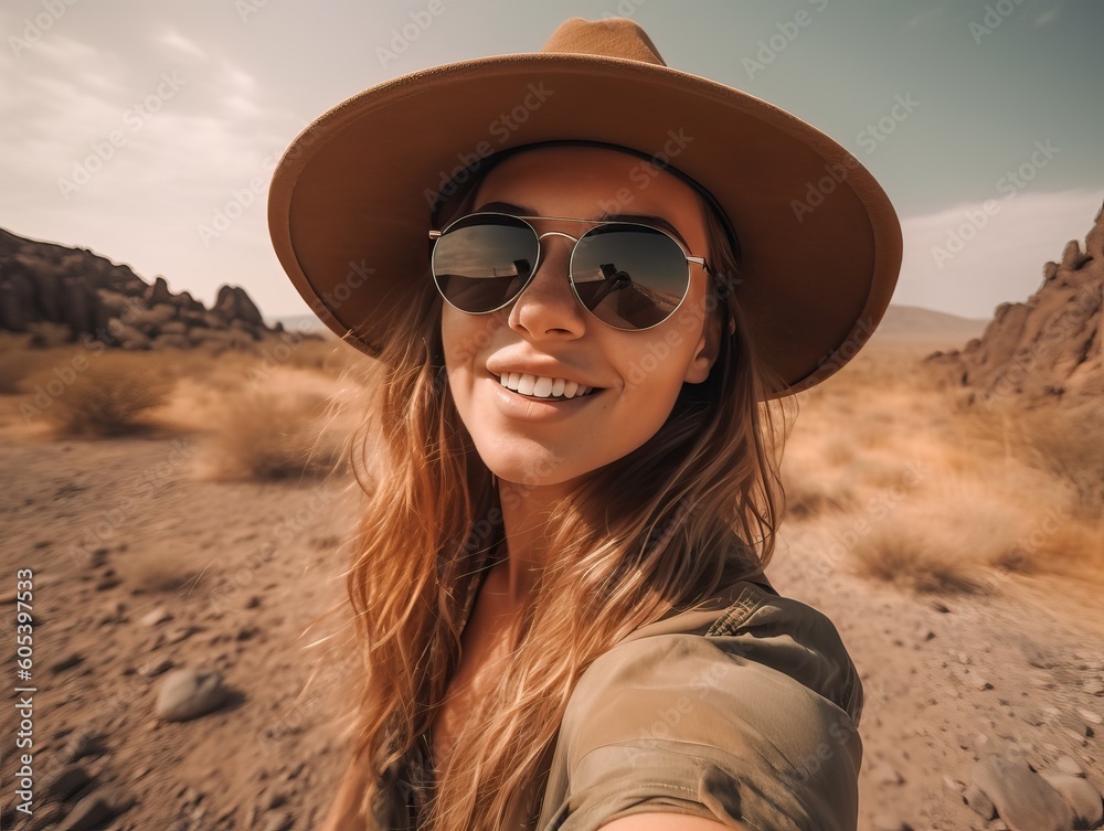 Glückliche Wanderin auf Sommerurlaub in Afrika. Selfie einer schönen Kaukasierin mit Hut und Sonnenbrille, generative AI. Glückliche Wanderin auf Sommerurlaub in Afrika. Selfie einer schönen Kaukasierin mit Hut und Sonnenbrille, generative AI.